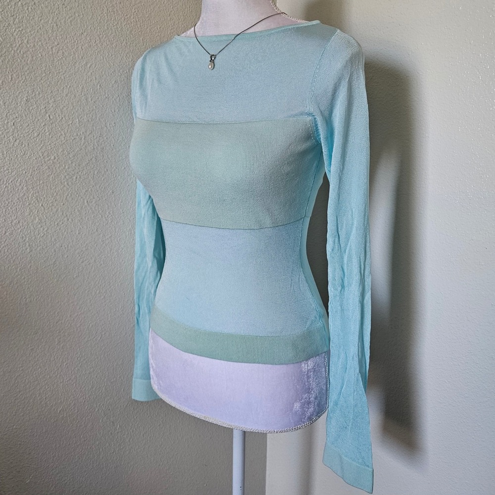 Bebe Sheer Opaque Colorblock Long Sleeve Top Sky Blue